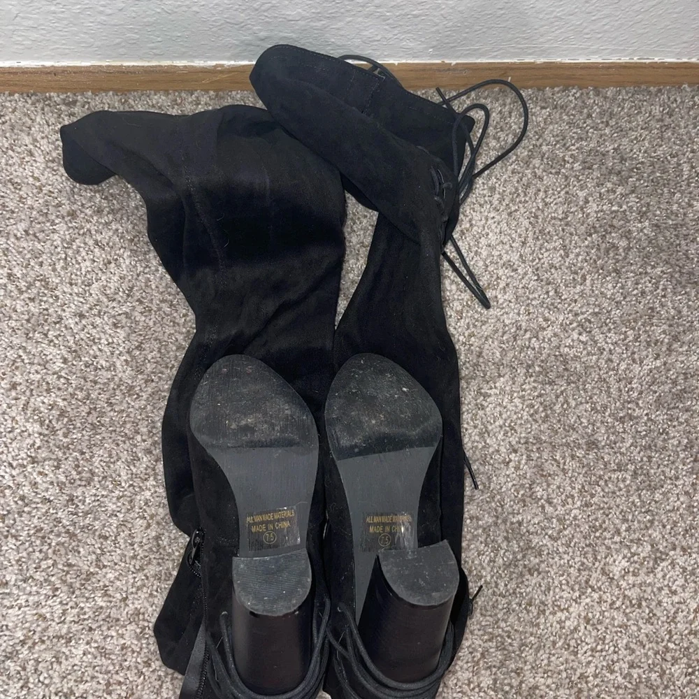 Thigh high lace up suede black boots